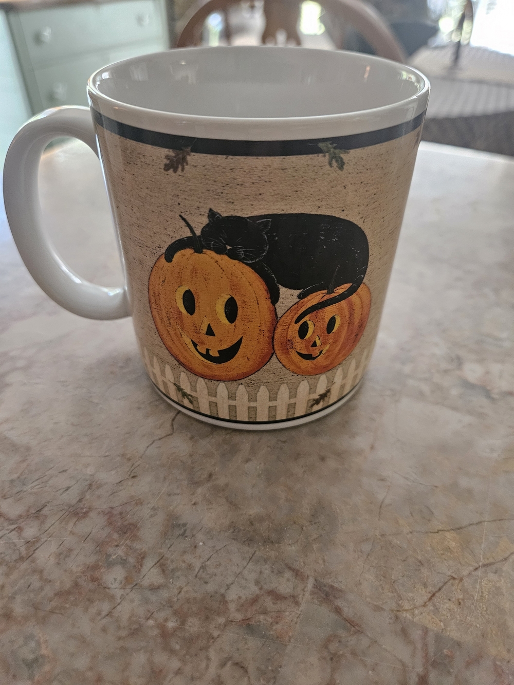 Halloween Ceramic Mug with Black Cat and Orange Pumpkins